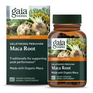 gaia herbs maca root - caffeine-free natural energy supplement - supports and maintains healthy energy and stamina - made with organic maca root (lepidium meyenii) - 60 vegan capsules (30-day supply)