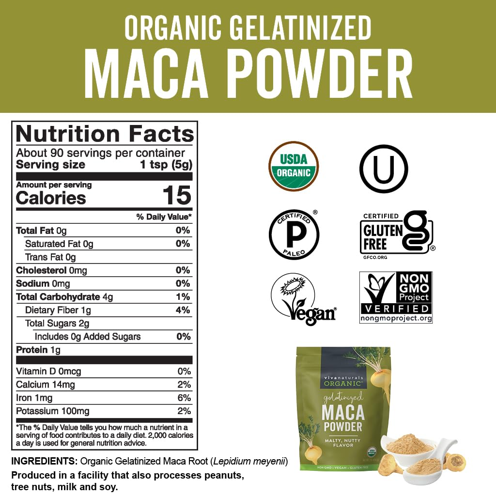 Viva Naturals Organic Maca Powder - Gelatinized Maca Powder Organic, Pervuian Superfood Traditionally Used for Energy, Certified Organic, Gluten-Free & Non-GMO, 16 Oz (1 lb) Bag