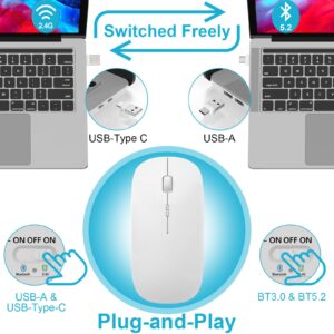 Bluetooth Wireless Mouse for MacBook Air Mac Pro Laptop Computer iPad Pad PC Optical Rechargeable Silent Mouse with Dual Mode Switch Mouse Bluetooth 5.2/3.0 and 2.4GHz USB Type-C Receiver (White)