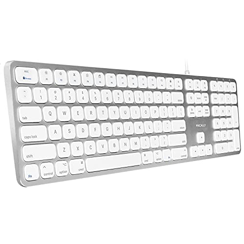 Macally Premium Wired Mac Keyboard with Number Keypad and 2 Port Hub - Compatible Apple Keyboard Wired - Extended USB Keyboard for Mac Mini/Pro, iMac, MacBook Pro / Air (Silver Aluminum)