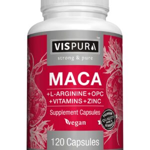 VISPURA Maca Root Capsules 5000 mg + L-Arginine, Vitamins B6 + B12, OPC and Zinc, Energy Boosting Formula* for Men and Women, 120 Vegan Tablets with Organic Maca Peruana Extract