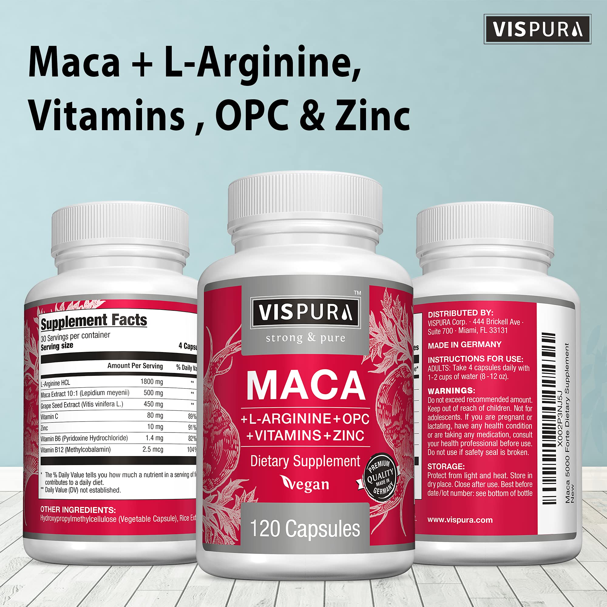 VISPURA Maca Root Capsules 5000 mg + L-Arginine, Vitamins B6 + B12, OPC and Zinc, Energy Boosting Formula* for Men and Women, 120 Vegan Tablets with Organic Maca Peruana Extract