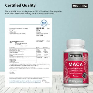 VISPURA Maca Root Capsules 5000 mg + L-Arginine, Vitamins B6 + B12, OPC and Zinc, Energy Boosting Formula* for Men and Women, 120 Vegan Tablets with Organic Maca Peruana Extract