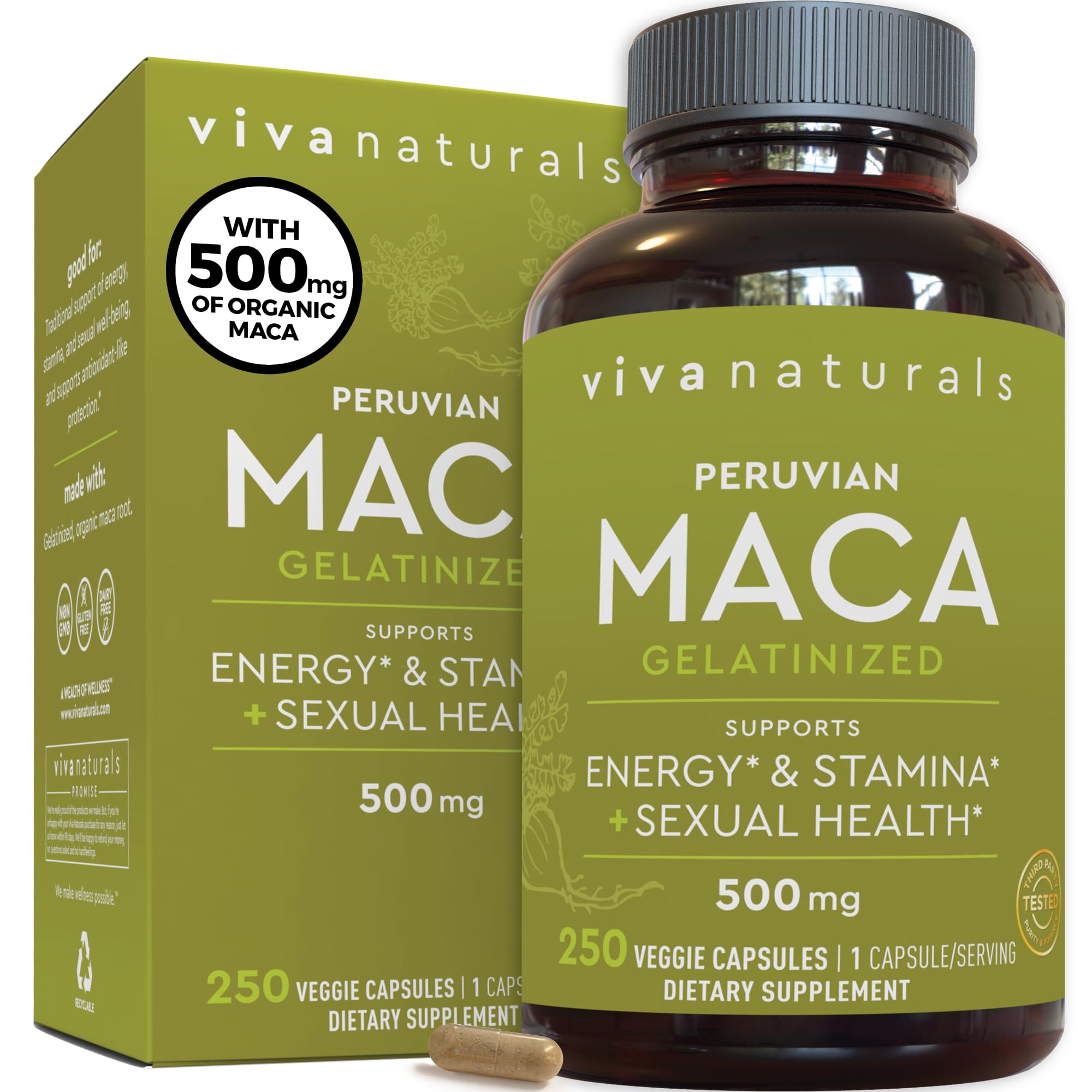 Peruvian Maca Root Supplement for Women & Men, 500mg - Traditionally Used to Support Sexual Well-Being, Stamina & Endurance - 250 Yellow Maca Root Powder Capsules