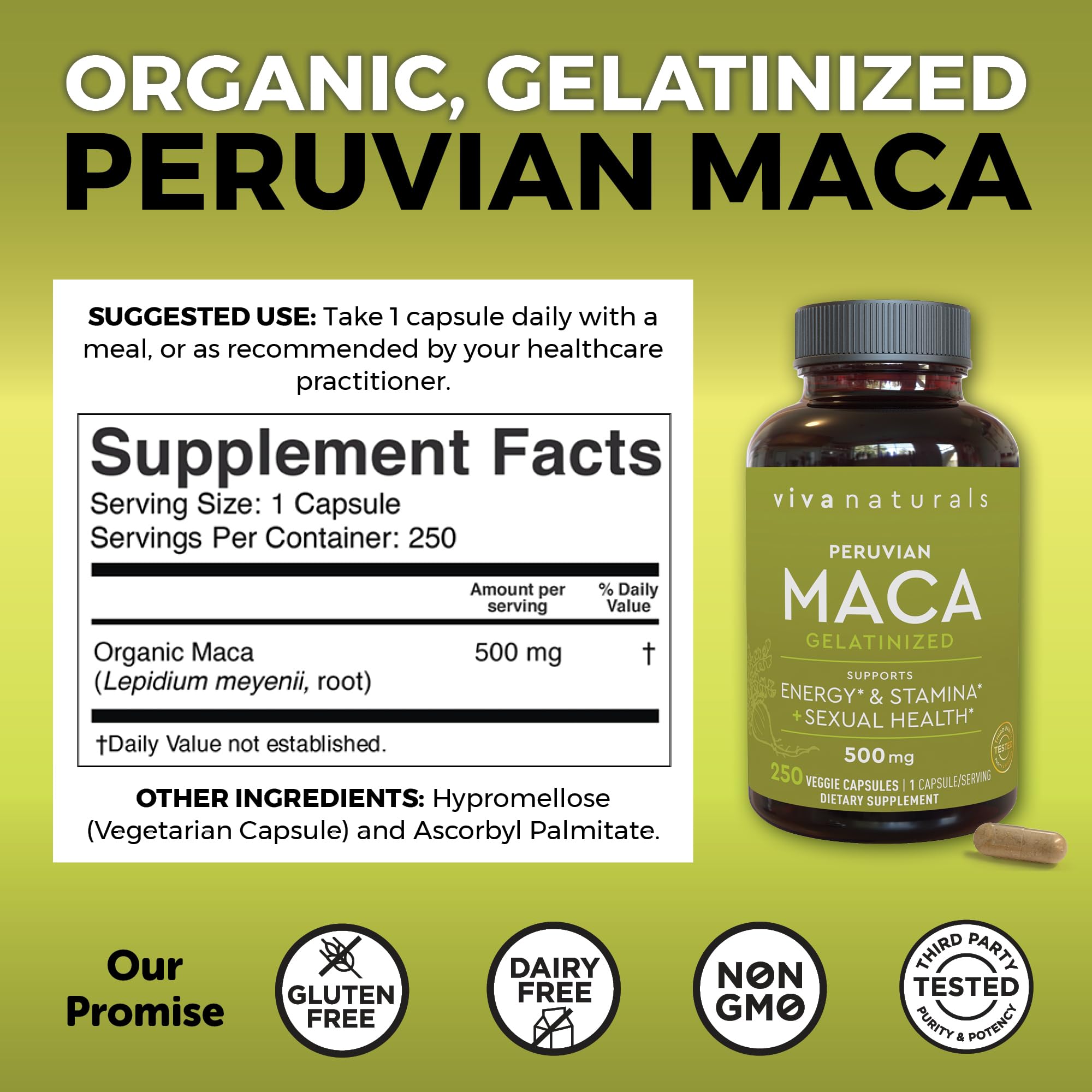 Peruvian Maca Root Supplement for Women & Men, 500mg - Traditionally Used to Support Sexual Well-Being, Stamina & Endurance - 250 Yellow Maca Root Powder Capsules