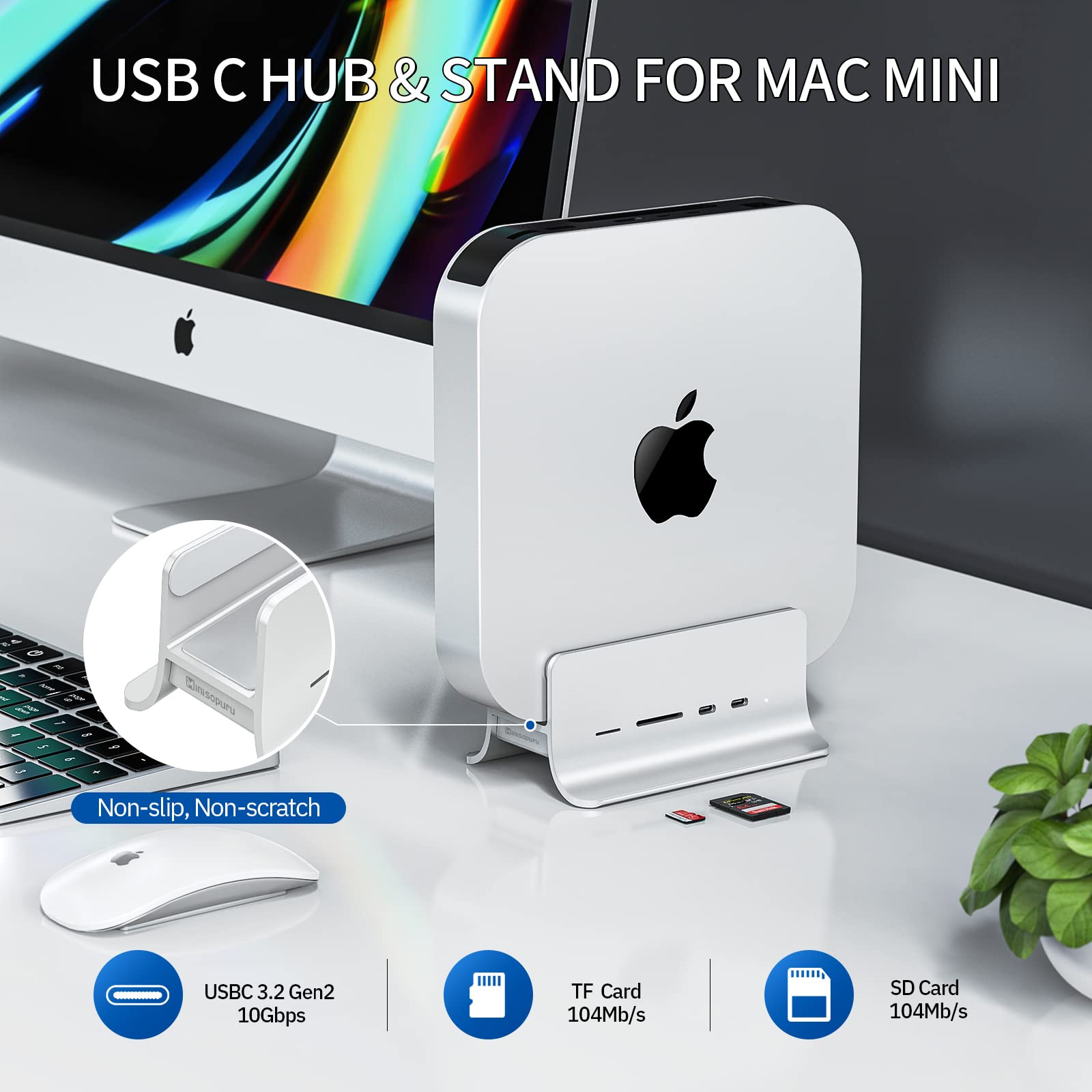 Minisopuru Mac Mini Dock Support M.2 NVMe/SATA SSD, 5 in 1 USB C Hub for Mac Mini, Mac Mini Hub Stand & Docking Station Mac Mini Accessories with 2 USB C 10Gbps Data, TF& SD, M.2 SSD(Not Included)