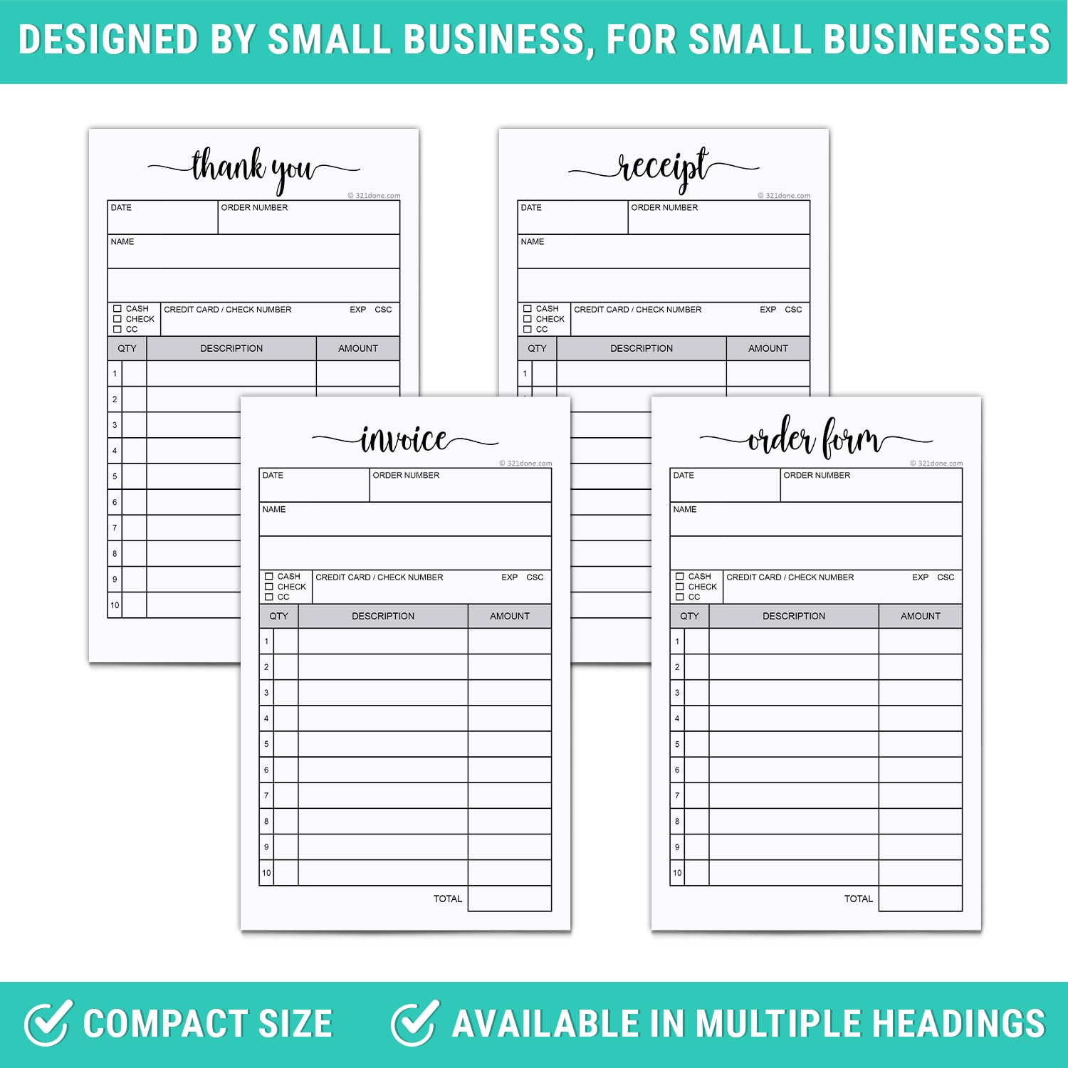 321Done Receipt Pad, Made in USA - 3.4x5.5 Handheld 2-Part Carbonless, Carbon Duplicate Copy Sales Order Form, Invoice Booklet, Cute Convenient for Small Boutique Business - 50 White/Yellow Sets