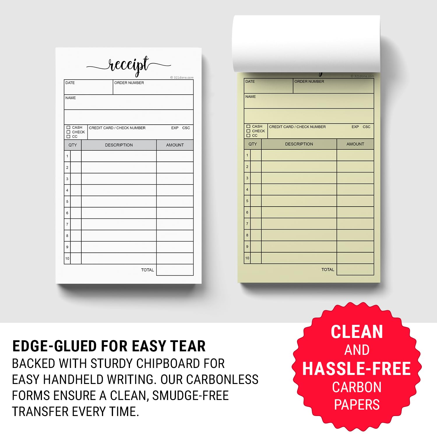 321Done Receipt Pad, Made in USA - 3.4x5.5 Handheld 2-Part Carbonless, Carbon Duplicate Copy Sales Order Form, Invoice Booklet, Cute Convenient for Small Boutique Business - 50 White/Yellow Sets