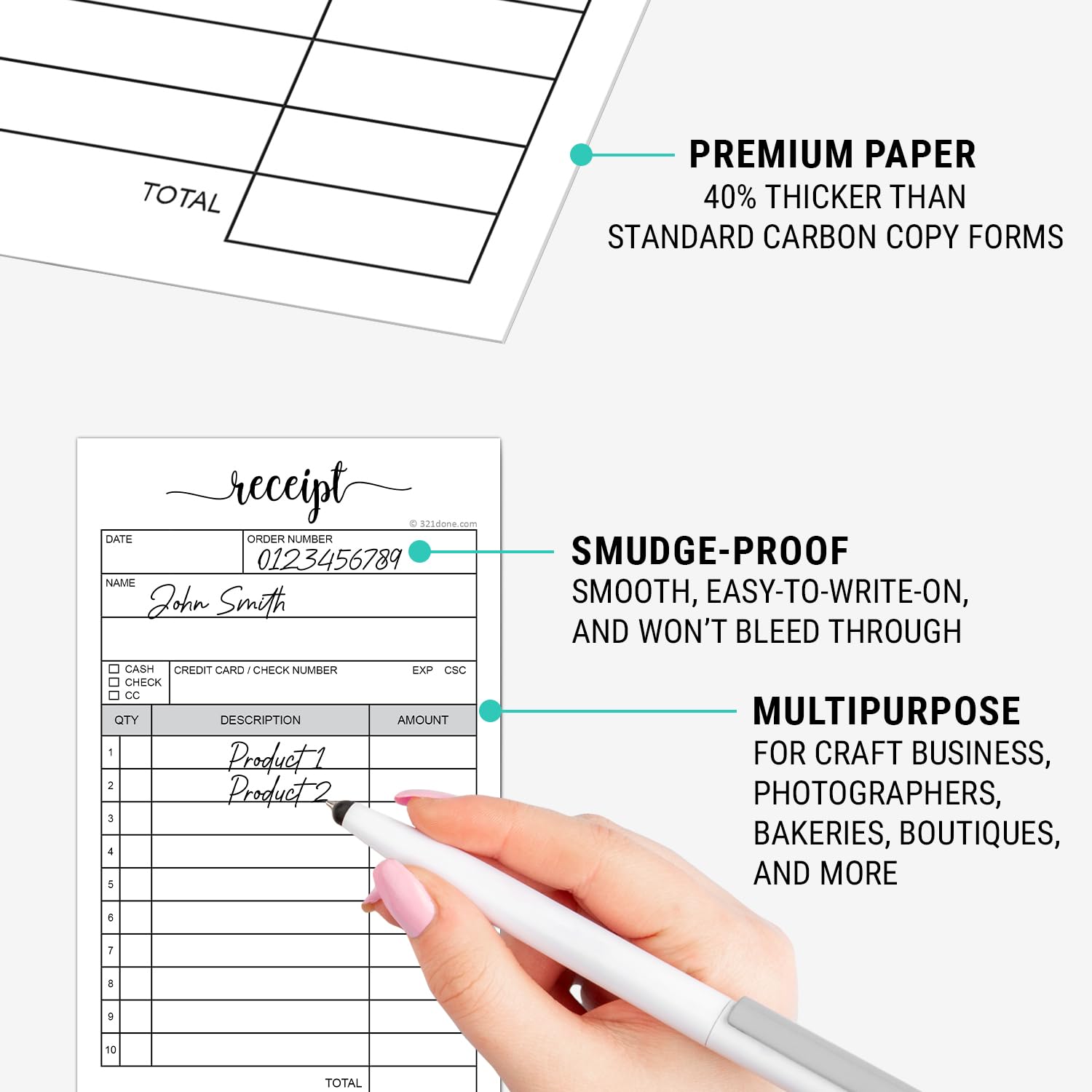 321Done Receipt Pad, Made in USA - 3.4x5.5 Handheld 2-Part Carbonless, Carbon Duplicate Copy Sales Order Form, Invoice Booklet, Cute Convenient for Small Boutique Business - 50 White/Yellow Sets