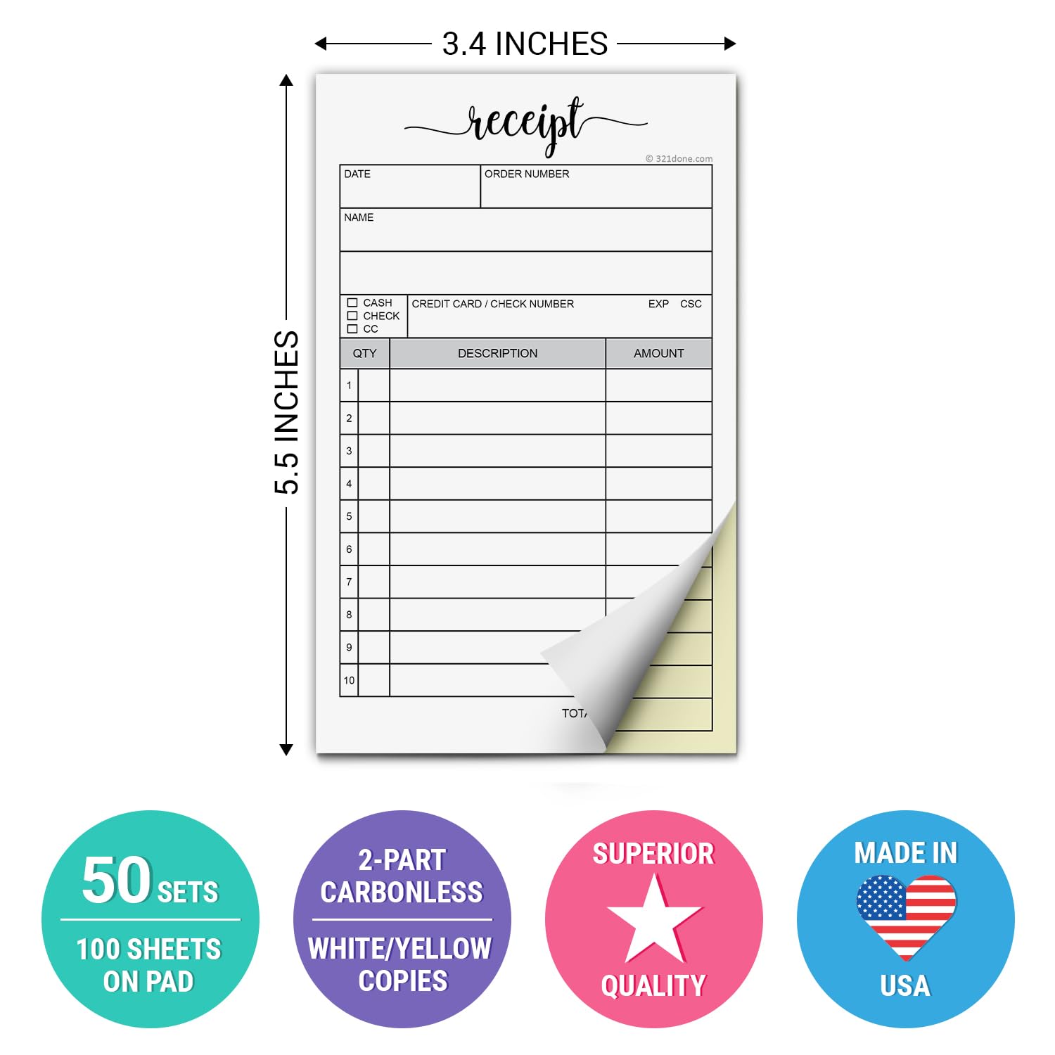 321Done Receipt Pad, Made in USA - 3.4x5.5 Handheld 2-Part Carbonless, Carbon Duplicate Copy Sales Order Form, Invoice Booklet, Cute Convenient for Small Boutique Business - 50 White/Yellow Sets