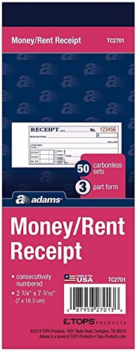 Adams Money/Rent Receipt Book, Carbonless, 3-Part, 2-3/4 x 7-3/16 Inches, 50 Sets per Book, Pack Of 6