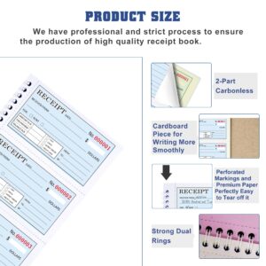 Zzrywuty Money and Rent Receipt Book with Cardboard Insert, 2-Part Carbonless, 5.32”x11.23” Spiral Bound, 200 Sets per Book, 4 Receipts per Page for Office Supplier, Rent and Cash Transaction