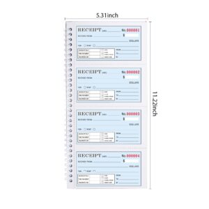 Zzrywuty Money and Rent Receipt Book with Cardboard Insert, 2-Part Carbonless, 5.32”x11.23” Spiral Bound, 200 Sets per Book, 4 Receipts per Page for Office Supplier, Rent and Cash Transaction