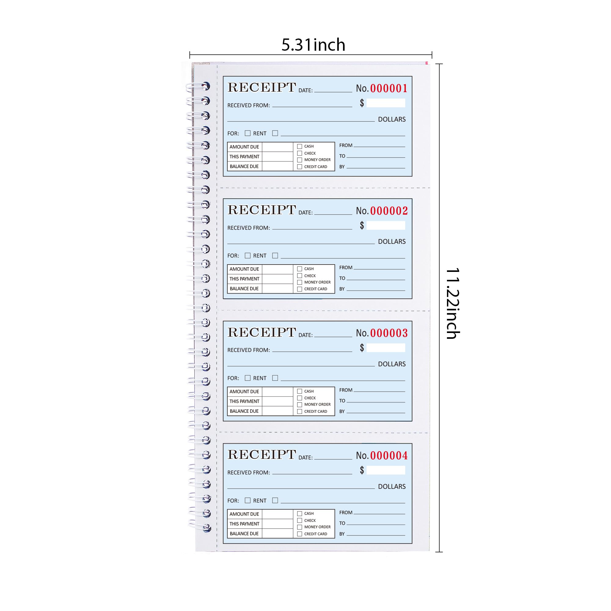 Zzrywuty Money and Rent Receipt Book with Cardboard Insert, 2-Part Carbonless, 5.32”x11.23” Spiral Bound, 200 Sets per Book, 4 Receipts per Page for Office Supplier, Rent and Cash Transaction