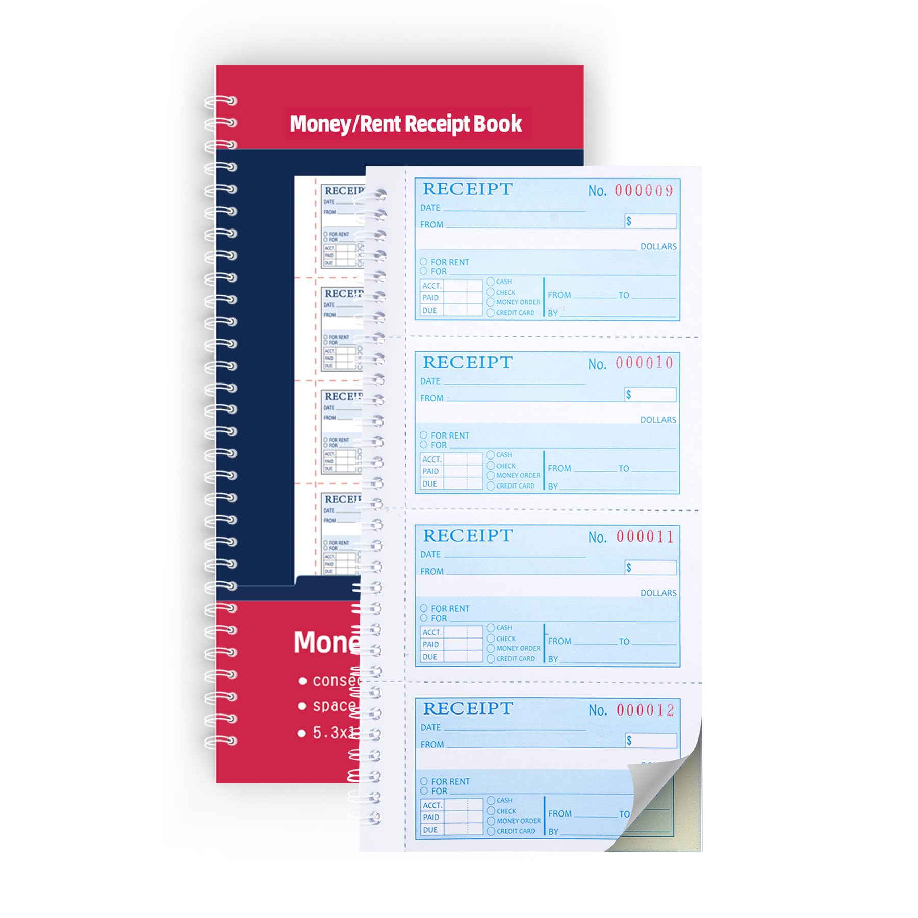 Receipt Book with Carbon Copies,Money and Rent Receipt Book,2-Part Carbonless,5.31" x 11.22",Spiral Bound,200 Sets per Book,4 Receipts per Page.