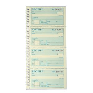 Receipt Book with Carbon Copies,Money and Rent Receipt Book,2-Part Carbonless,5.31" x 11.22",Spiral Bound,200 Sets per Book,4 Receipts per Page.