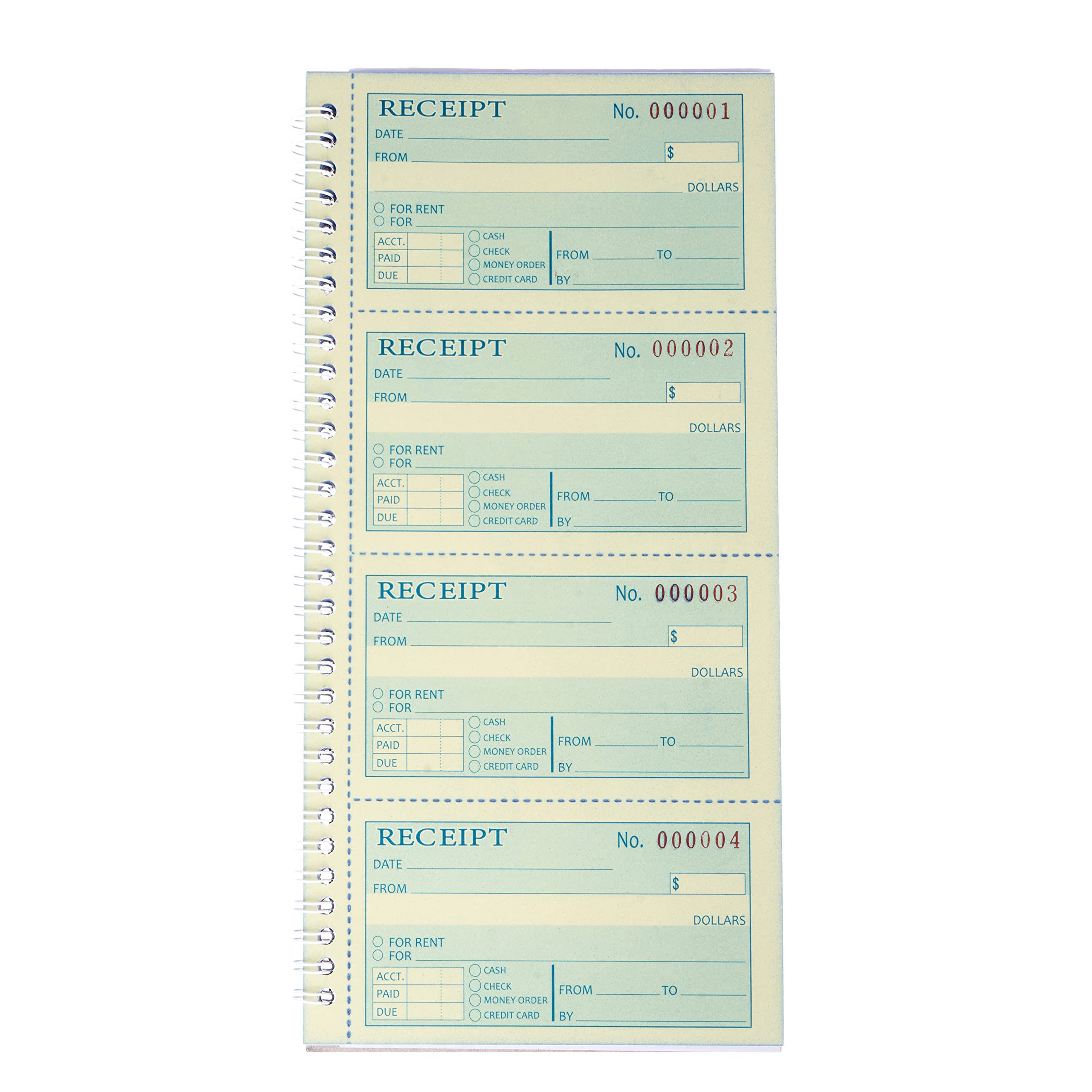 Receipt Book with Carbon Copies,Money and Rent Receipt Book,2-Part Carbonless,5.31" x 11.22",Spiral Bound,200 Sets per Book,4 Receipts per Page.