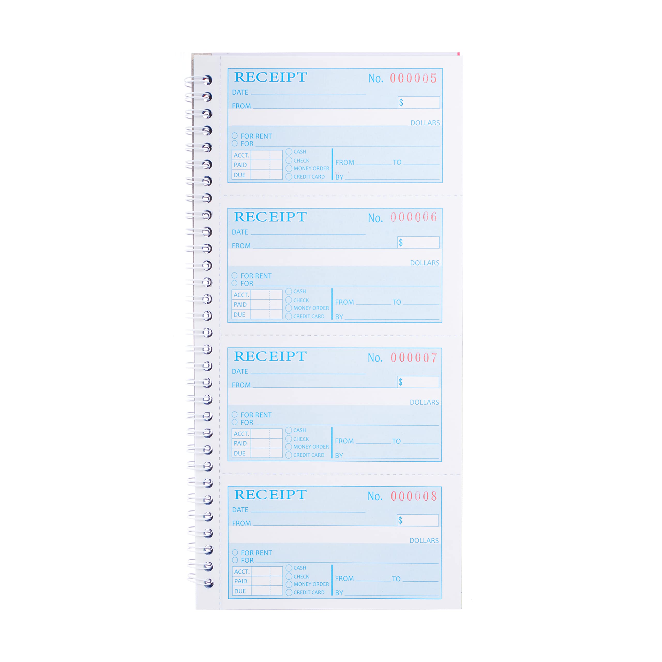 Receipt Book with Carbon Copies,Money and Rent Receipt Book,2-Part Carbonless,5.31" x 11.22",Spiral Bound,200 Sets per Book,4 Receipts per Page.