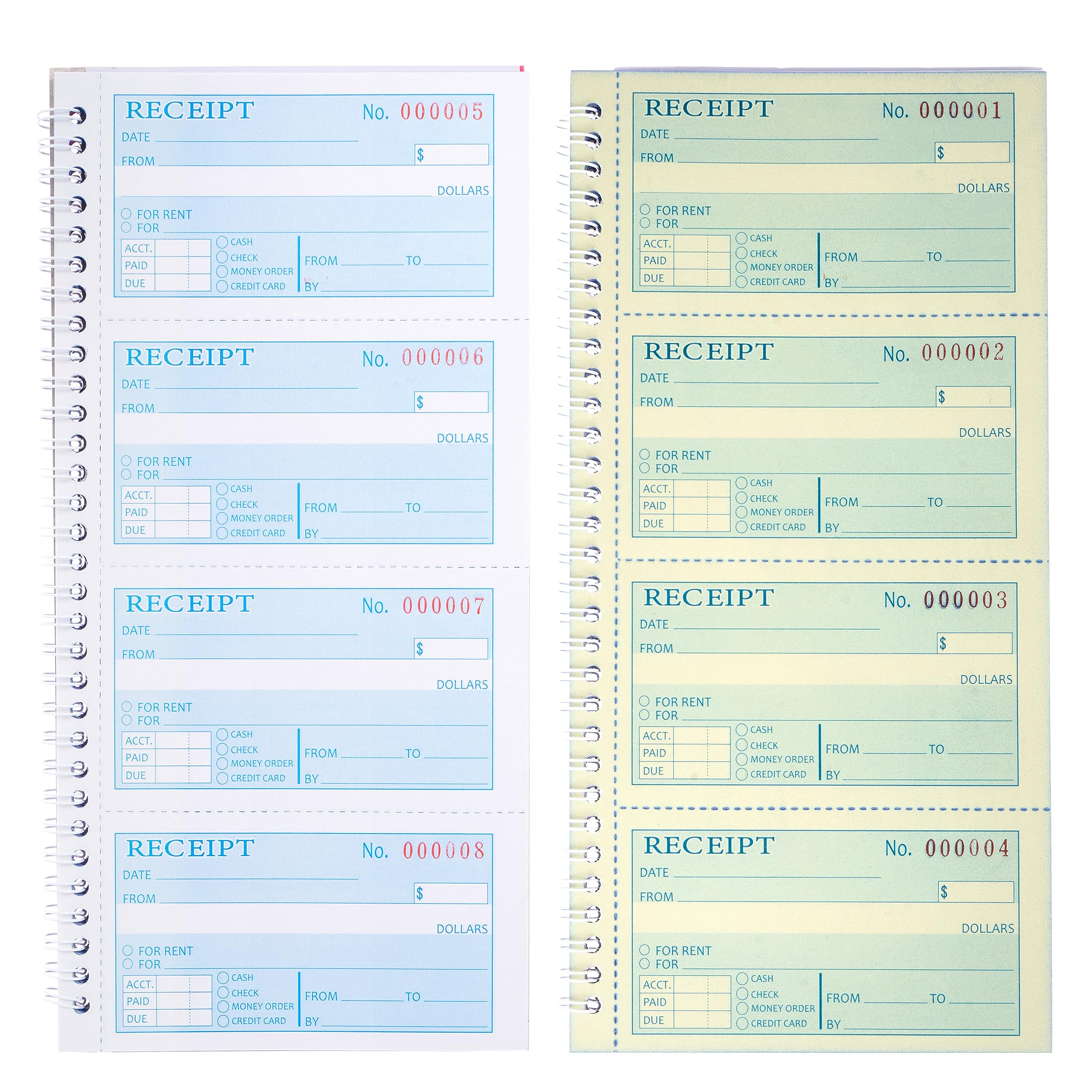 Receipt Book with Carbon Copies,Money and Rent Receipt Book,2-Part Carbonless,5.31" x 11.22",Spiral Bound,200 Sets per Book,4 Receipts per Page.