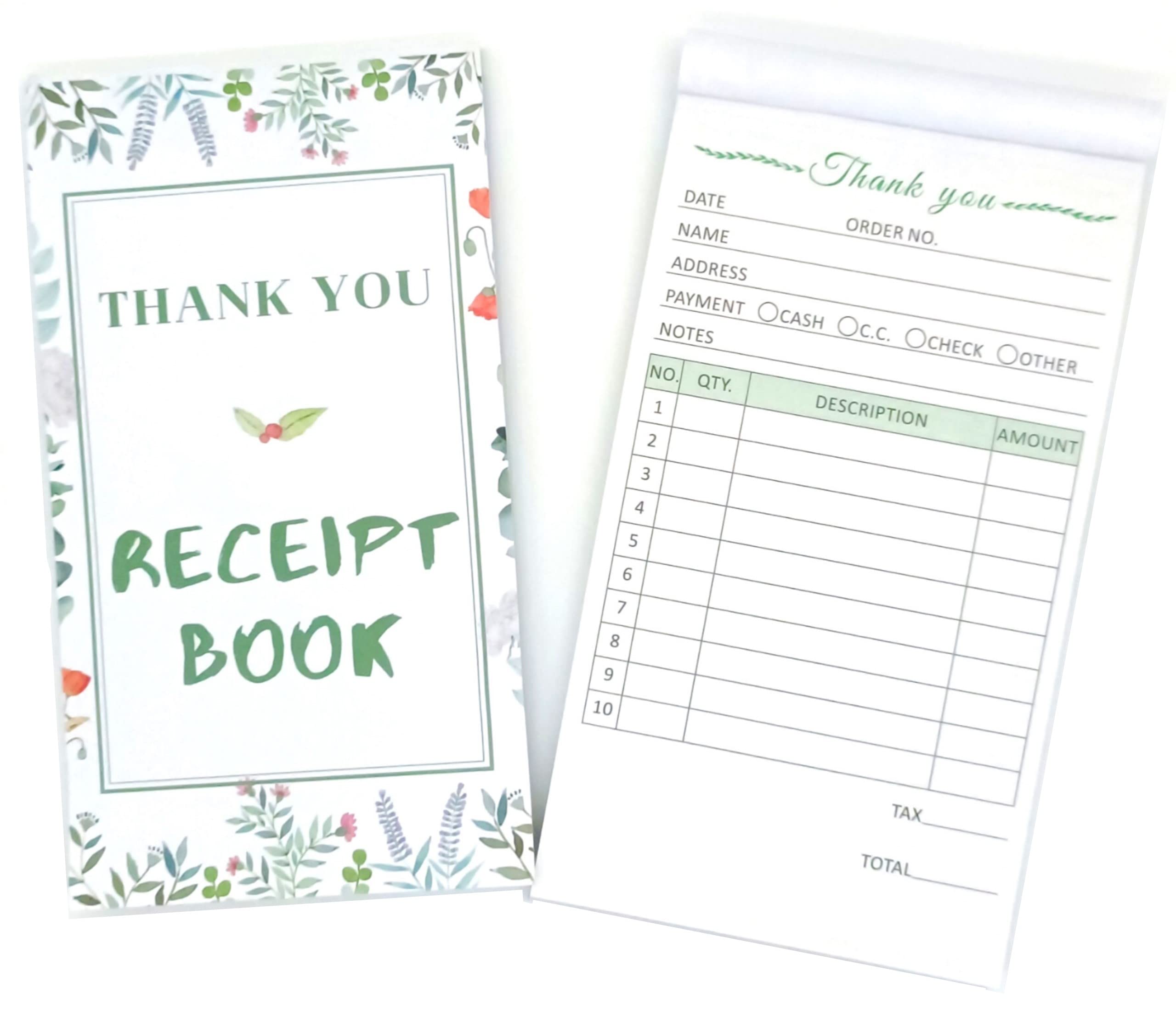 Thank You Receipt Book for Small Businesses 4x7 inches 2-Part Carbonless White Yellow 50 Sets 100 Sheets per Book with Wrap Around Cover Blank Signature Stamp Section 1 Pack Green