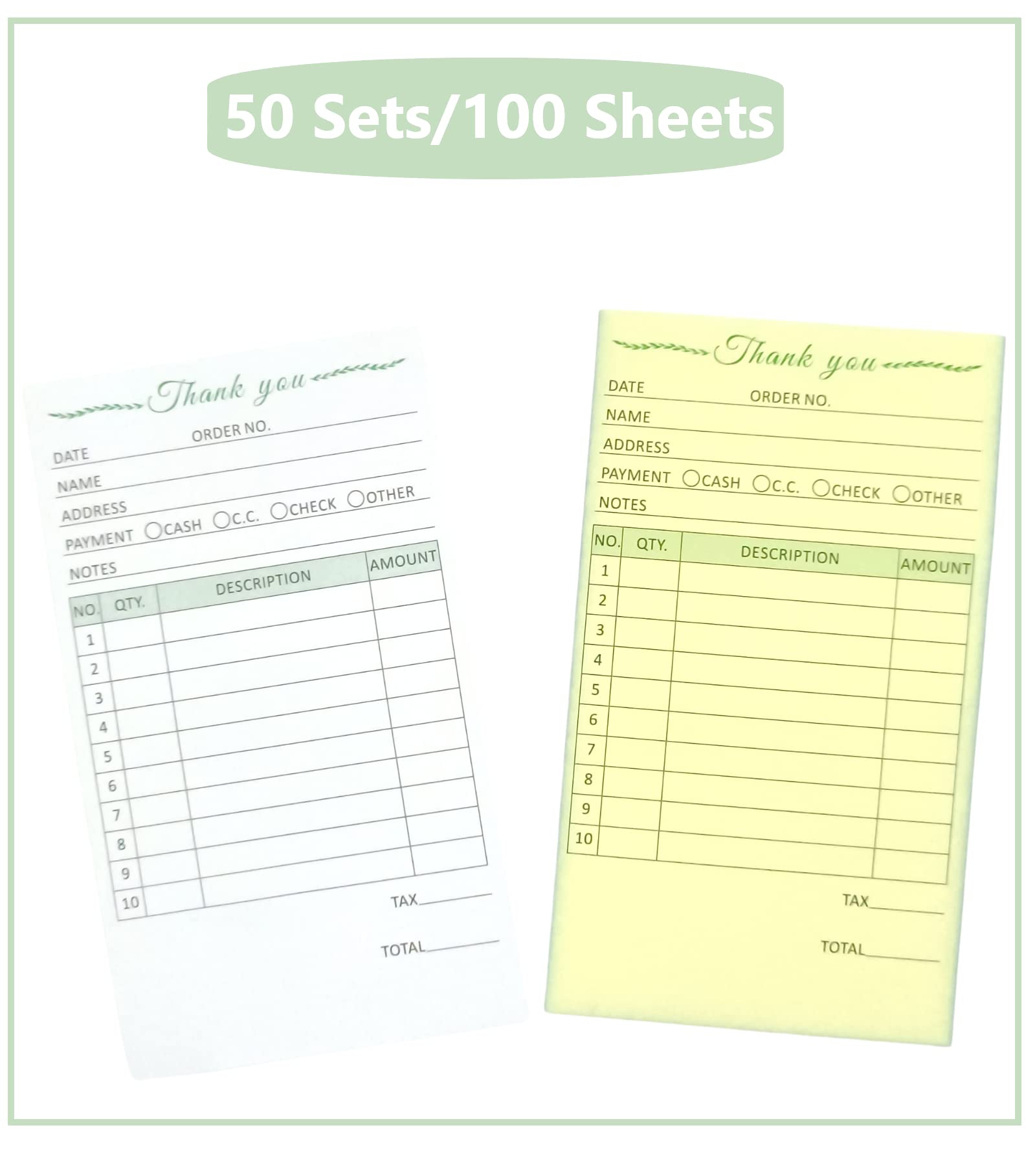 Thank You Receipt Book for Small Businesses 4x7 inches 2-Part Carbonless White Yellow 50 Sets 100 Sheets per Book with Wrap Around Cover Blank Signature Stamp Section 1 Pack Green