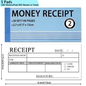 Money and Rent Receipt Book 5 Pack/250 Sets, 2-Part, 2.75"x6" Carbonless Copy Receipt Book with Cardboard and Waterproof Cover (50 Sets Per Book)