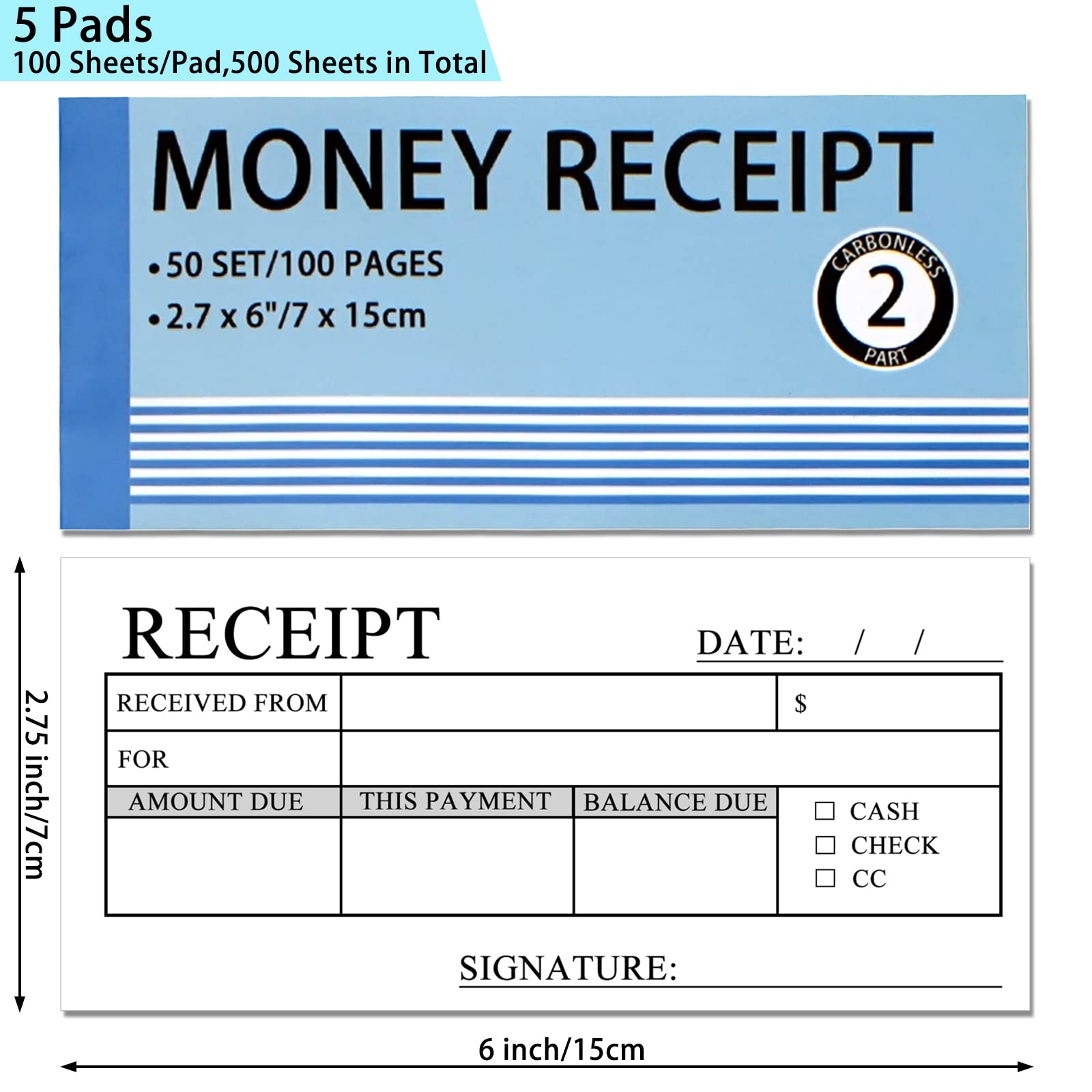 Money and Rent Receipt Book 5 Pack/250 Sets, 2-Part, 2.75"x6" Carbonless Copy Receipt Book with Cardboard and Waterproof Cover (50 Sets Per Book)