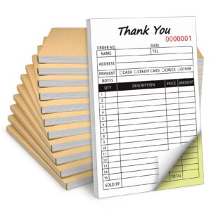 10 pack thank you receipt book, 2-part carbonless sales invoice book with cardboard for small boutique business, (8.3x5.5 inches, 50 sets*10)