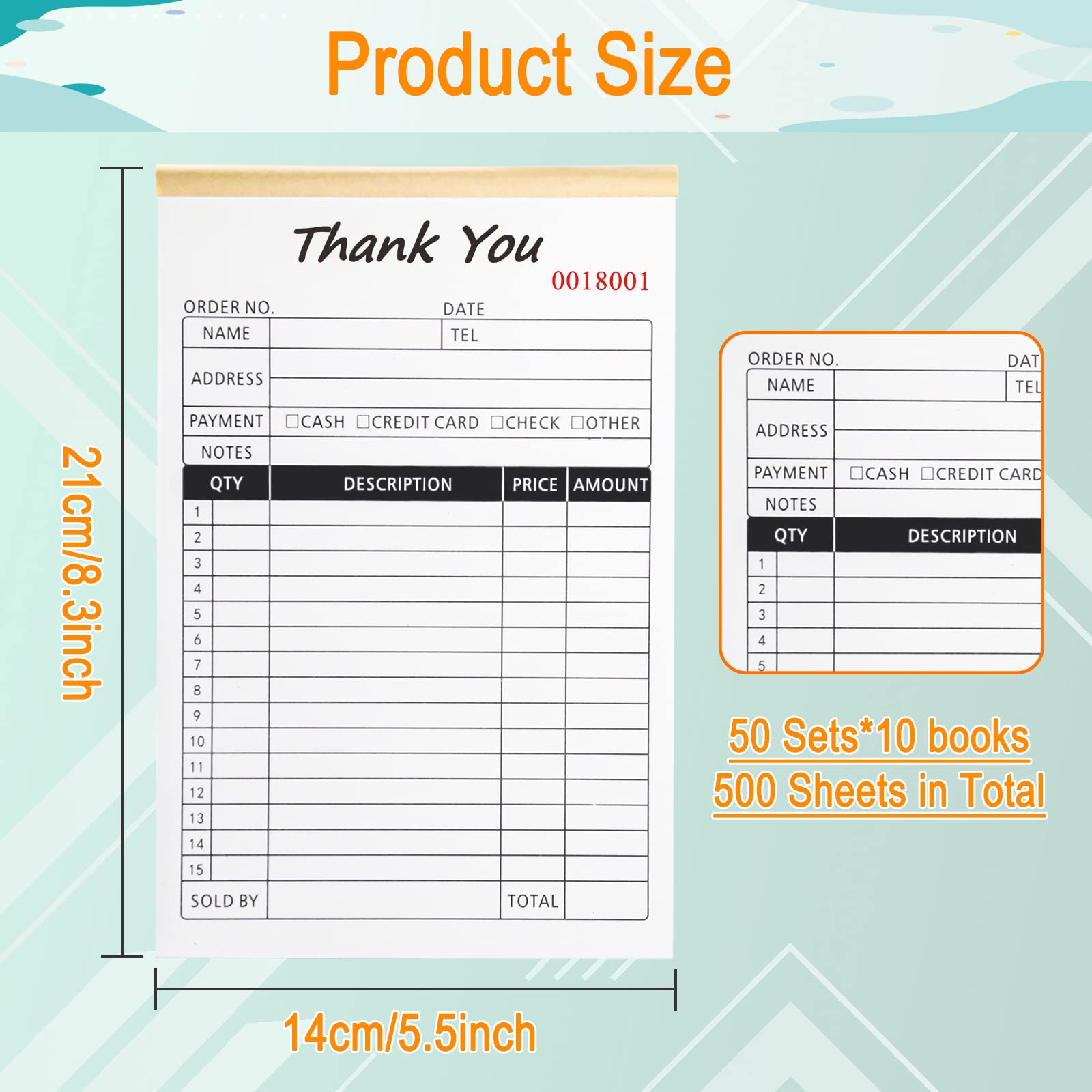 10 Pack Thank You Receipt Book, 2-Part Carbonless Sales Invoice Book with Cardboard for Small Boutique Business, (8.3x5.5 Inches, 50 Sets*10)