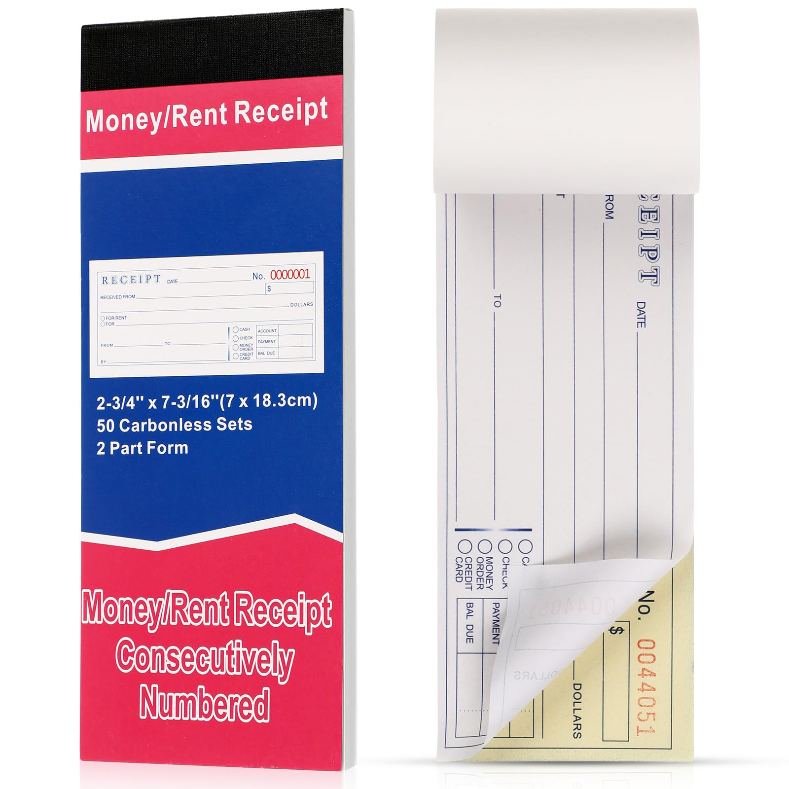 Crtiin 1 Pad Money and Rent Receipt Book 2.75 x 7.2 Inch Bound Cover 2 Part Carbonless Receipt Book with Carbonless Copies Receipt Log Book 50 Sets Per Book