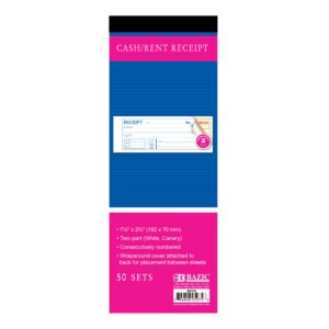 bazic cash money or rent receipt book, 50 sets 7 1/2" x 2 3/4" 2-part carbonless, white & canary, bound wraparound cover (50 sets/pack), 1-pack