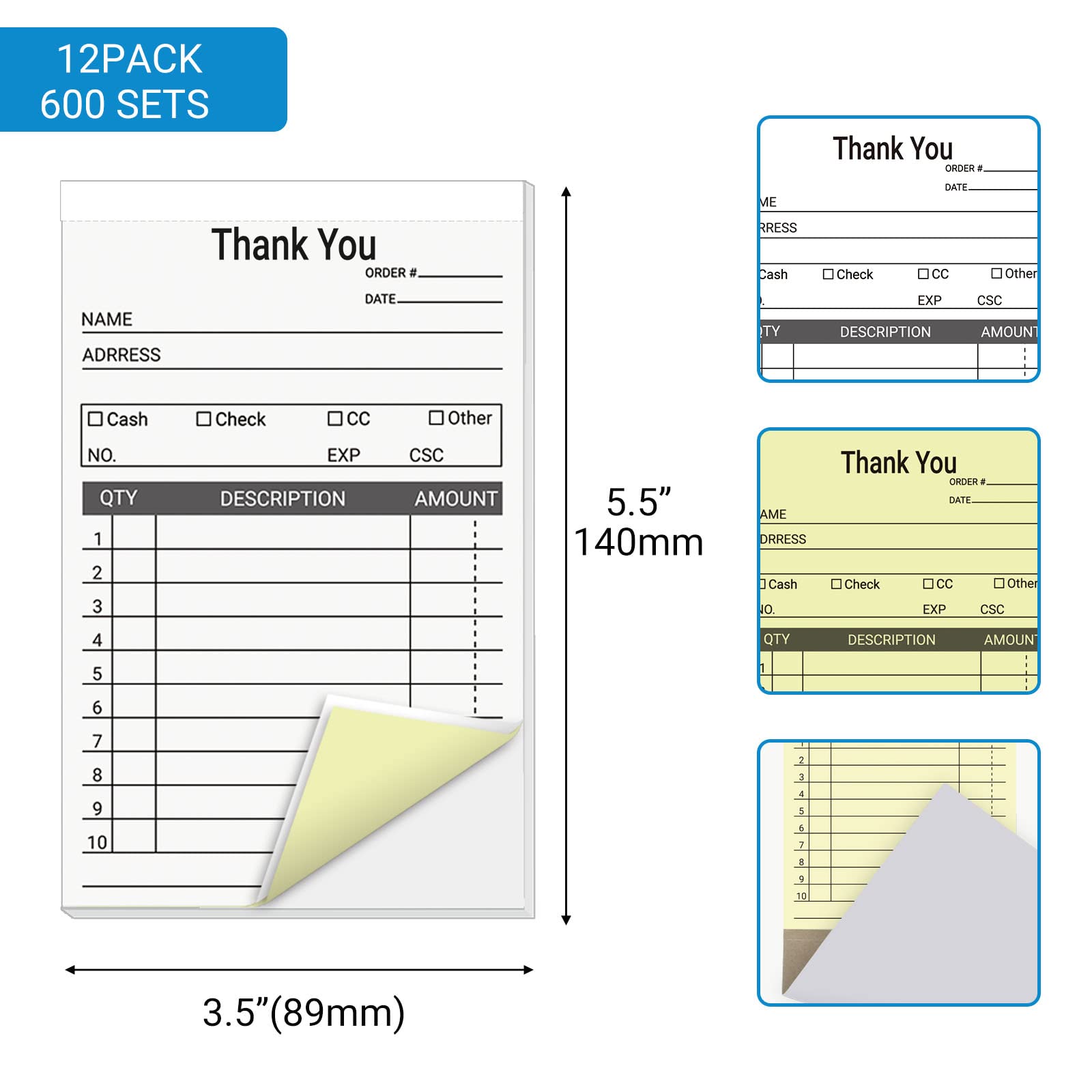 suituts 12 Pack Thank You Receipt Book for Small Business, 3.5 x 5.5 Inch, 2 Part Carbonless Sale Order Book, Order Pads Invoice Book 50 Sets Each Pad,Total 600 Sets