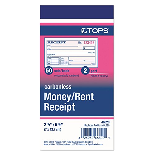 TOPS Money Receipt Book, 2-Part, Carbonless, 2 5/8 x 5 3/8 Inches, 50 Sheets, White and Canary, (46820)