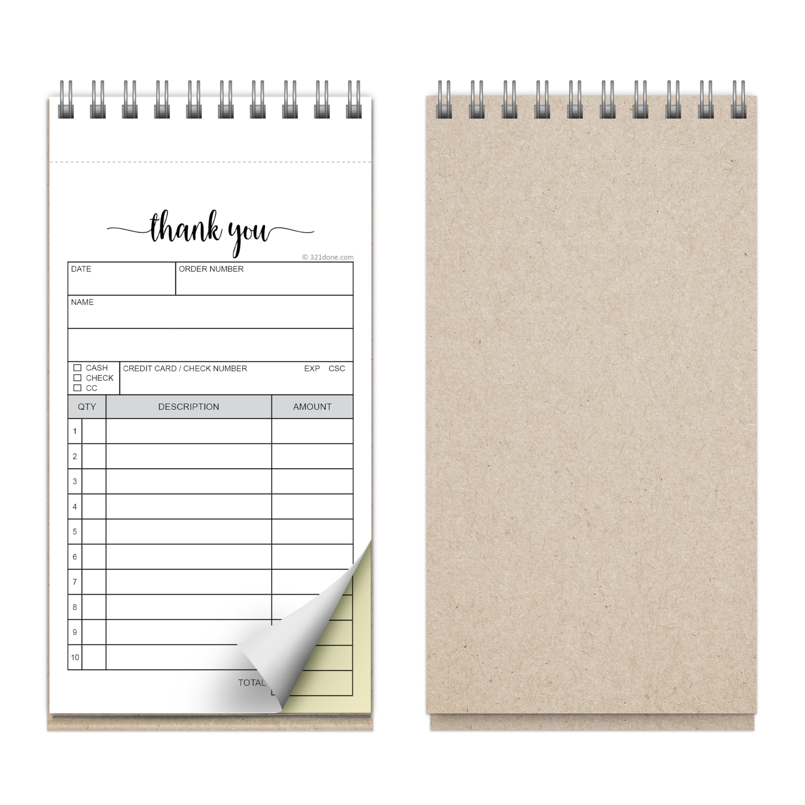 321Done Thank You Receipt Book, 3.4x5.5 2-Part Carbonless Spiral Bound - Made in USA, Receipt Book with Carbon Copies for Small Business, 50 White/Yellow Pages