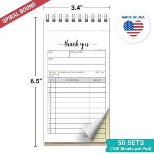 321Done Thank You Receipt Book, 3.4x5.5 2-Part Carbonless Spiral Bound - Made in USA, Receipt Book with Carbon Copies for Small Business, 50 White/Yellow Pages