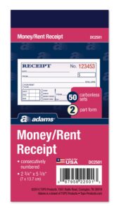adams money and rent receipt, 2-3/4 x 5-3/8 inches, 2-parts, carbonless, white/canary, 50 sets per book, 3 books (dc2501-3)