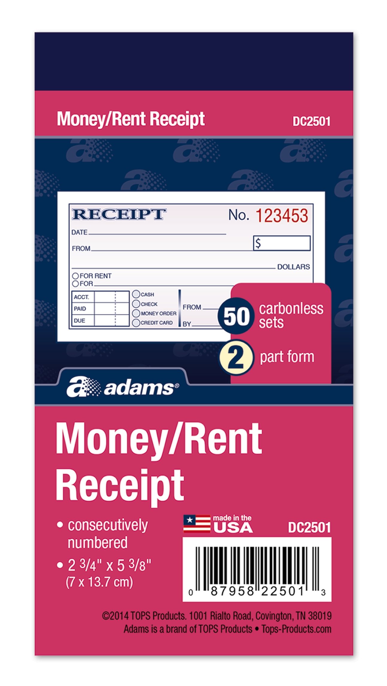 Adams Money and Rent Receipt, 2-3/4 x 5-3/8 Inches, 2-Parts, Carbonless, White/Canary, 50 Sets per Book, 3 Books (DC2501-3)