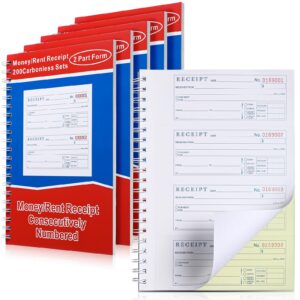 crtiin 6 pcs money and rent receipt book 2 part carbonless receipt book with carbon copies spiral bound cover receipt log book 200 sets per book 4 receipts per page (7-5/8)