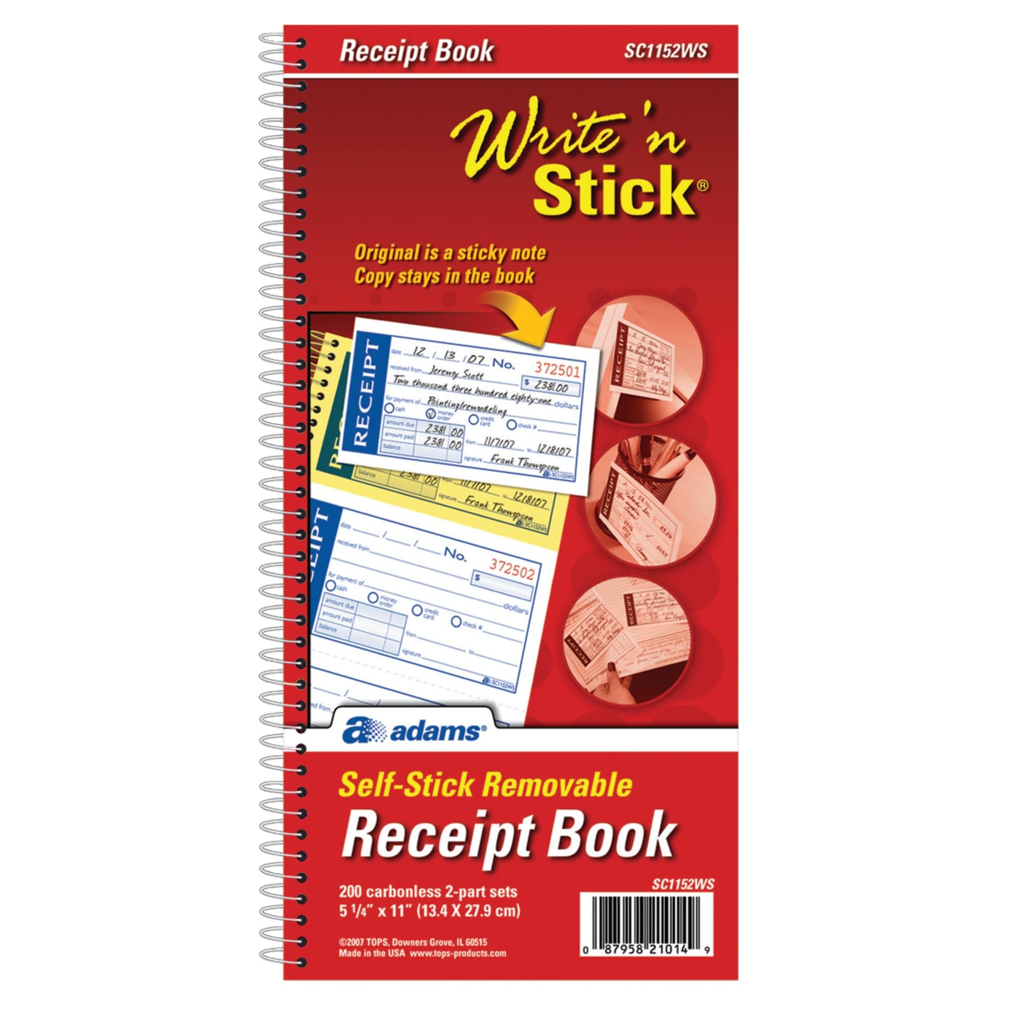 Adams Write n' Stick Receipt Book, 2-Part, Carbonless, White/Canary, 5-1/4" x 11", Spiral Bound, 200 Sets per Book, 4 Receipts per Page (SC1152WS)