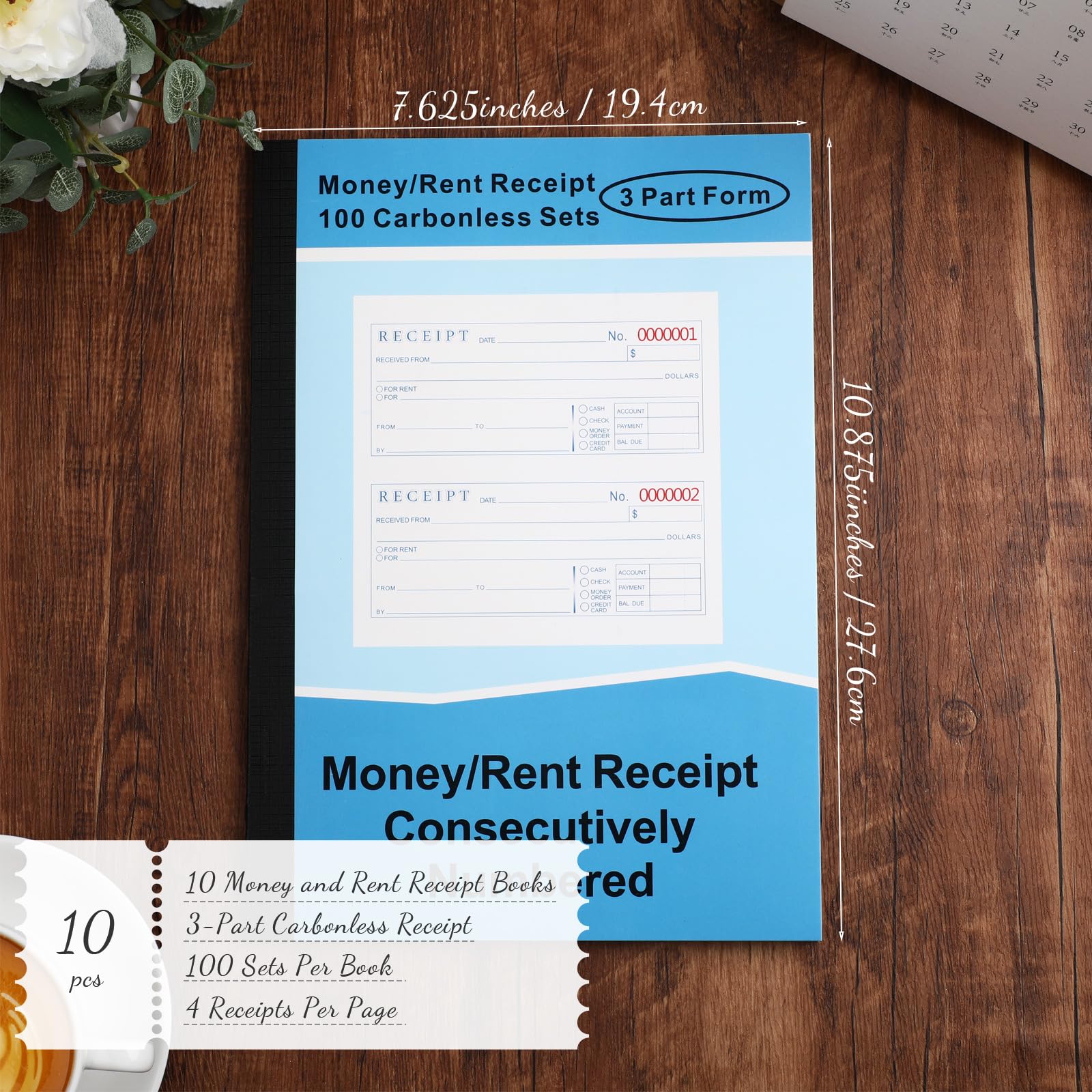 Crtiin 10 Books Money and Rent Receipt Book 3 Part Carbonless Receipt Book with Carbon Copies 7-5/8" x 10-7/8" Bound Cover Receipt Log Book 100 Sets Per Book 4 Receipts Per Page