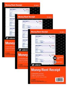 adams money and rent receipt books new color cover, 3 part carbonless, 3 pack, 7-5/8" x 10-7/8", spiral bound, 100 set book, 4 receipts per page reciept book booklet (tc1182 -e)