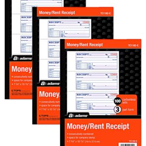 Adams Money and Rent Receipt Books New Color Cover, 3 Part Carbonless, 3 Pack, 7-5/8" x 10-7/8", Spiral Bound, 100 Set Book, 4 Receipts per Page reciept Book Booklet (TC1182 -E)