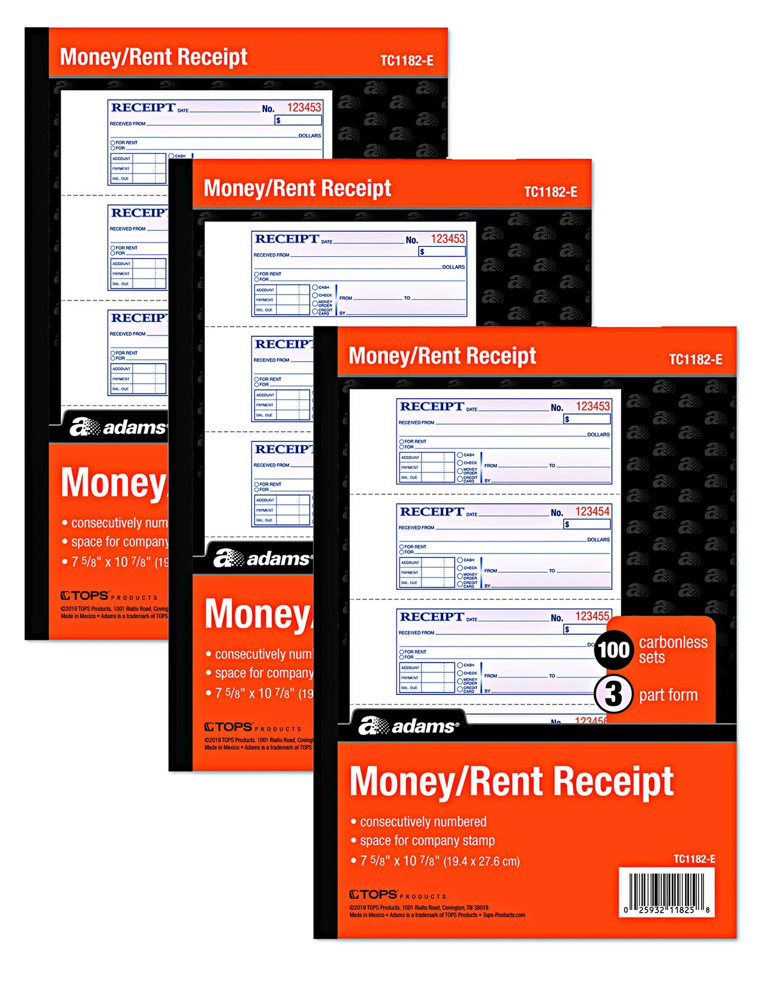 Adams Money and Rent Receipt Books New Color Cover, 3 Part Carbonless, 3 Pack, 7-5/8" x 10-7/8", Spiral Bound, 100 Set Book, 4 Receipts per Page reciept Book Booklet (TC1182 -E)