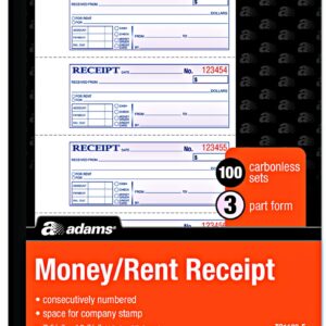 Adams Money and Rent Receipt Books New Color Cover, 3 Part Carbonless, 3 Pack, 7-5/8" x 10-7/8", Spiral Bound, 100 Set Book, 4 Receipts per Page reciept Book Booklet (TC1182 -E)