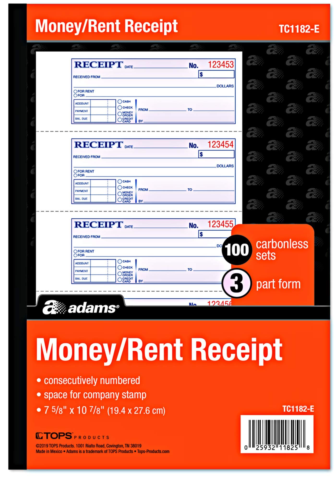 Adams Money and Rent Receipt Books New Color Cover, 3 Part Carbonless, 3 Pack, 7-5/8" x 10-7/8", Spiral Bound, 100 Set Book, 4 Receipts per Page reciept Book Booklet (TC1182 -E)