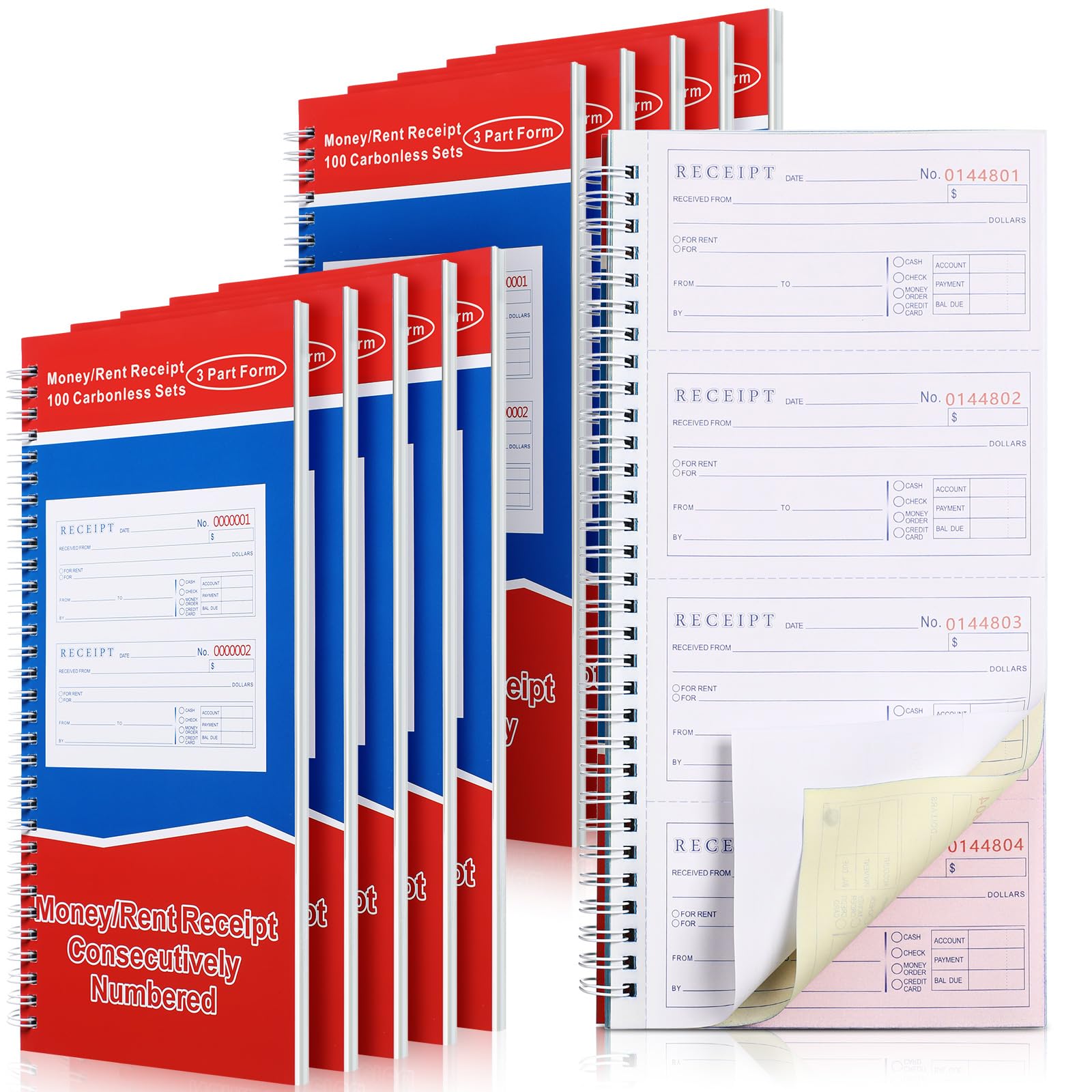 Crtiin 10 Books Money and Rent Receipt Book 3 Part Carbonless Receipt Book Spiral Bound Cover Receipt Log Book with Carbonless Copies 100 Sets Per Book 4 Receipts Per Page (5-1/4" x 11")