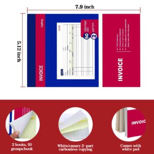 2 Packs Invoice Book for Small Business 2-part Carbonless, 5-1/8”x7-29/32” Receipt Book for Small Business, White/Canary Invoice Receipt Book, Purchase Order, Sales Order(50 Sets per Book)