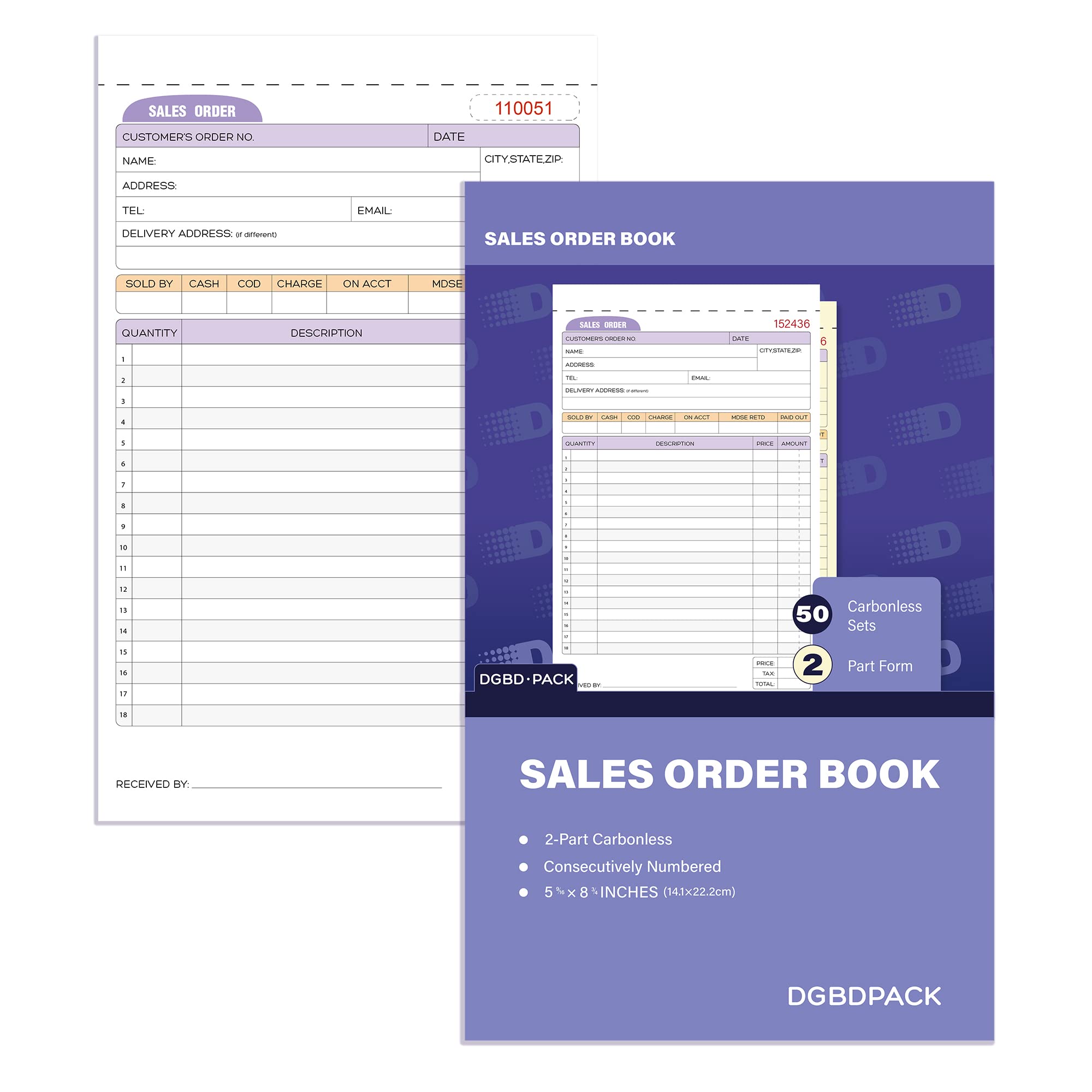 DGBDPACK Sales Order Book 1 Pack, 2 Part Carbonless Invoices, White/Canary, 5-9/16 x 8-3/4 Inches, Receipt Book 50 Units per Book