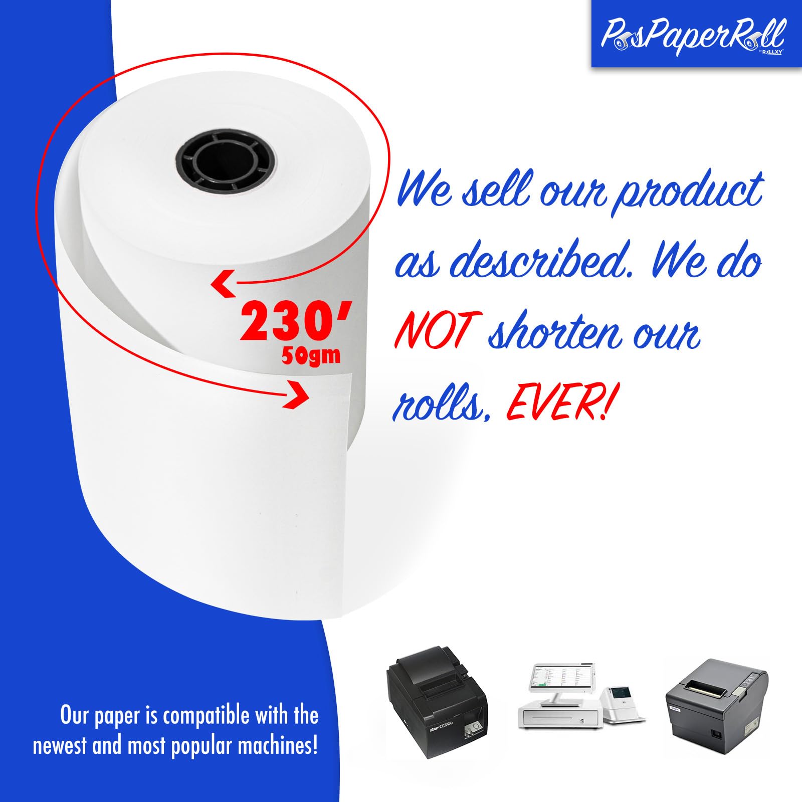 3-1/8 X 230 Thermal Paper Compatible with Star CT-S300 Tsp 100 BPA Free 50 rolls by Rollxy (50gm Thickness)