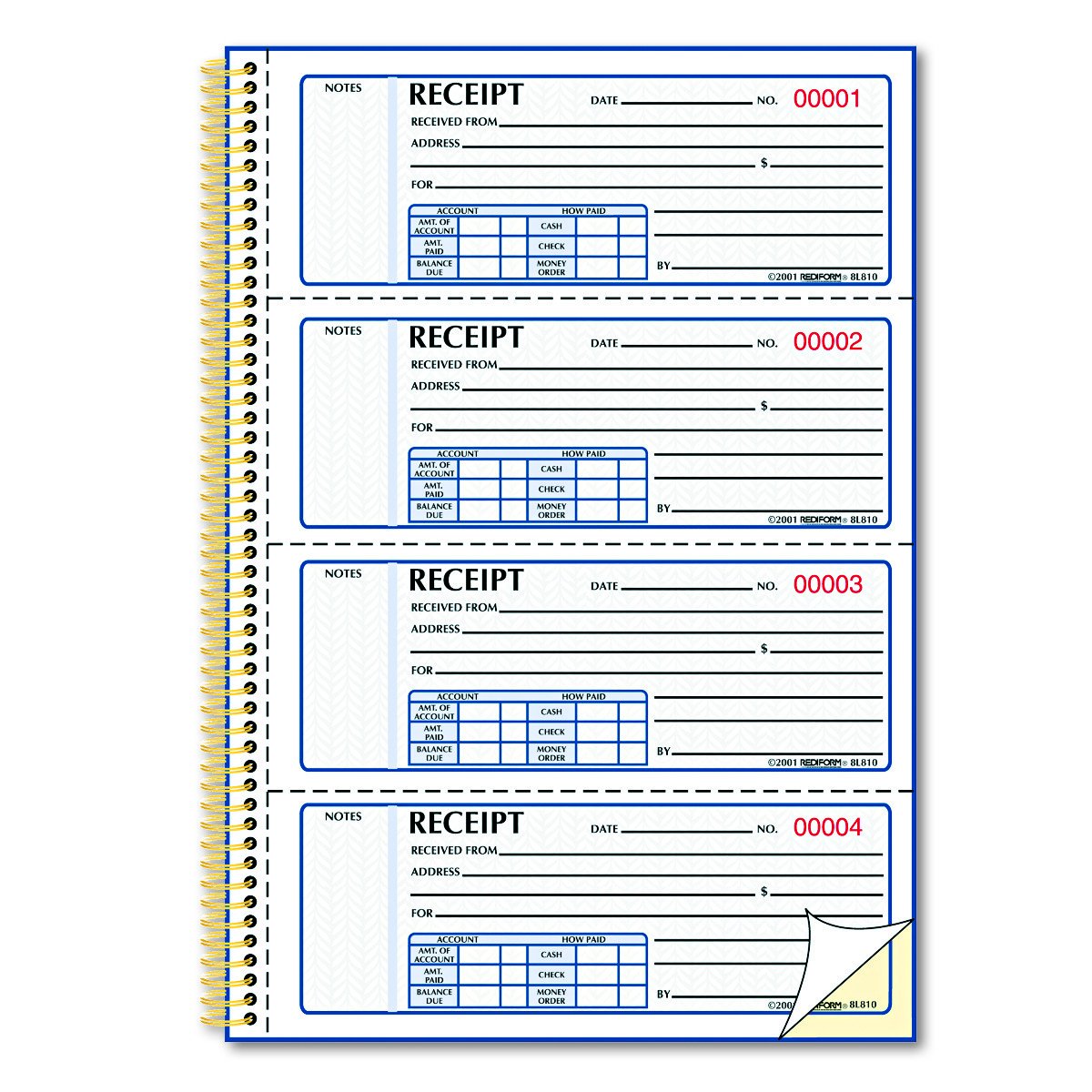 Rediform Gold Standard Money Receipt Book, 300 Sheets, Wire Bound, 2 Part Carbonless Copy, 7.62" x 11" Sheet Size, 4 Receipts Per Sheet